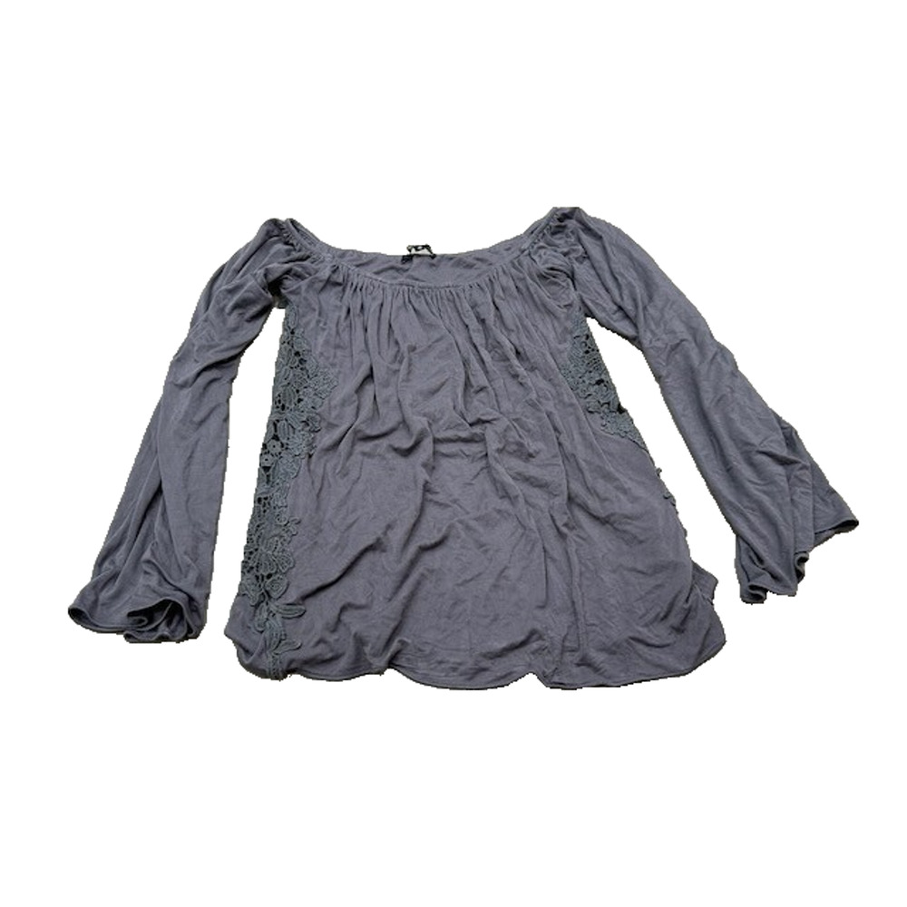 Sky Womens Top Long Sleeve Elastic Neck Embroidered Floral Side Gray Size S
